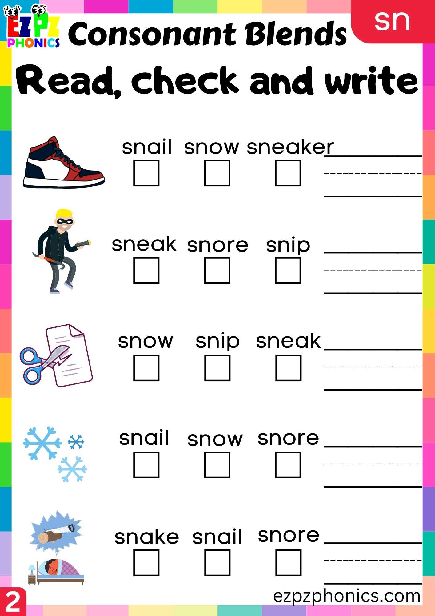 Group2 SN Words Read, Check And Write Phonics Consonant Blends Worksheet